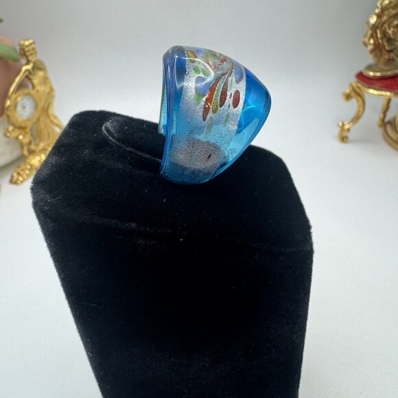 Murano Artisan Hand Blown Art Glass Ring Blue And Silver Swirl Sz 7 Pretty - Picture 9 of 12